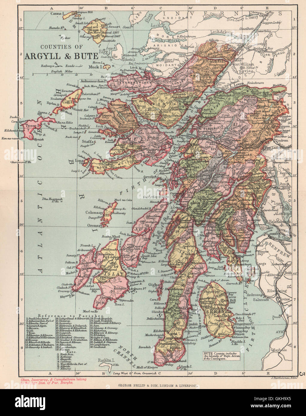 Counties Of Argyll Bute Argyllshire Buteshire Bartholomew 1891 Map GKH9X5 