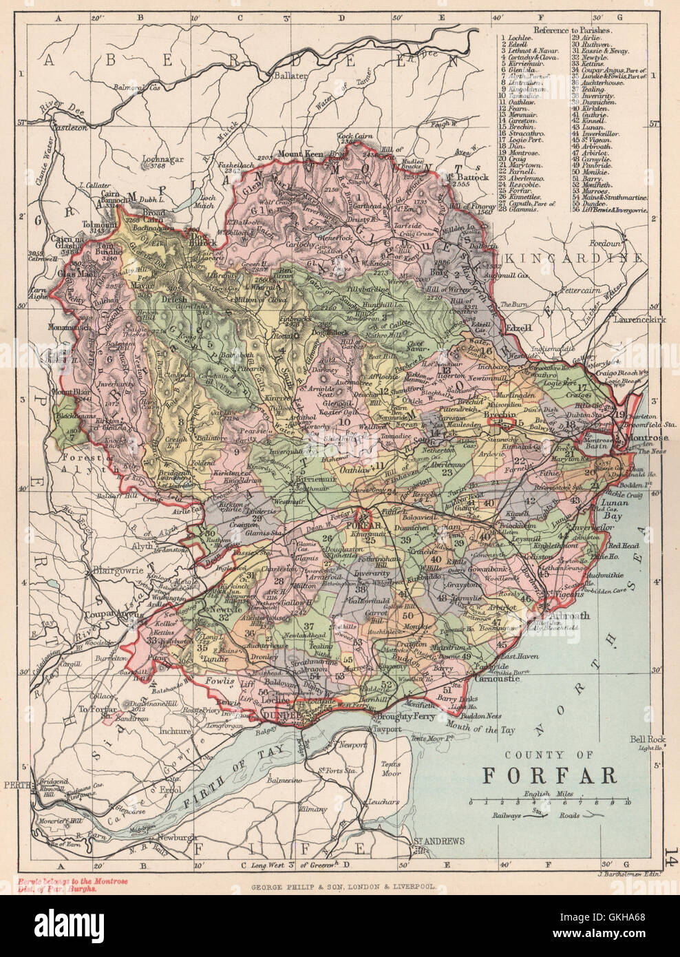 County Of Forfar Forfarshire Parishes Bartholomew 1891 Antique Map GKHA68 