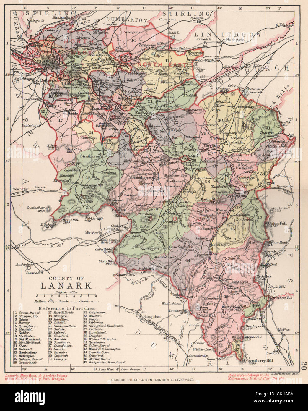 'County of Lanark'. Lanarkshire. Parishes. BARTHOLOMEW, 1891 antique