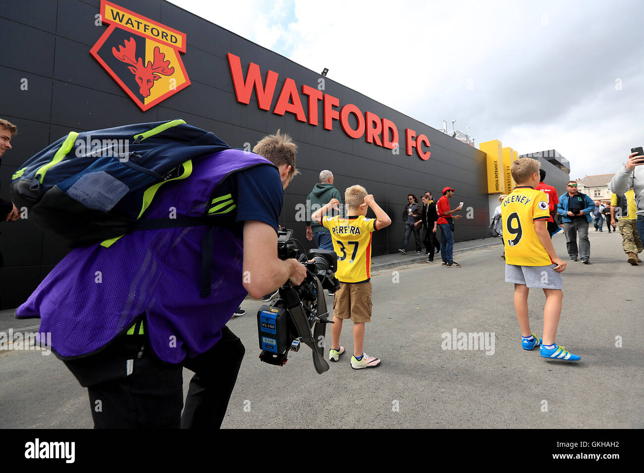A young Watford fan poses in a Juan Carlos Paredes shirt prior to the Premier League match at Vicarage Road, Watford. PRESS ASSOCIATION Photo. Picture date: Saturday August 20, 2016. See PA story SOCCER Watford. Photo credit should read: John Walton/PA Wire. RESTRICTIONS: EDITORIAL USE ONLY No use with unauthorised audio, video, data, fixture lists, club/league logos or 'live' services. Online in-match use limited to 75 images, no video emulation. No use in betting, games or single club/league/player publications. Stock Photo