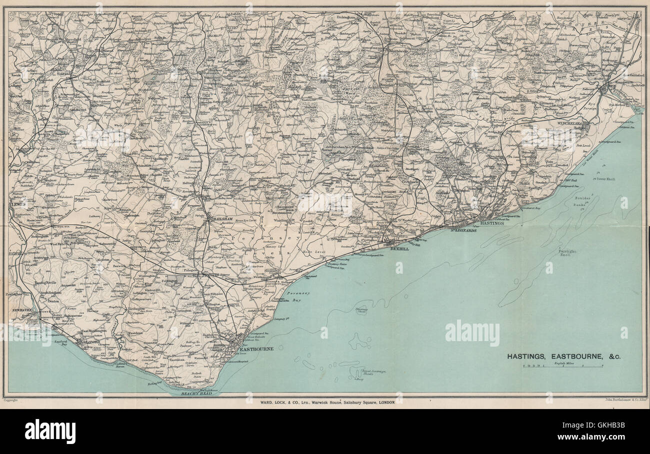Map Of Eastbourne Coast East Sussex Coast. Hastings Eastbourne Rye Bexhill Beachy Head, 1911 Old Map  Stock Photo - Alamy