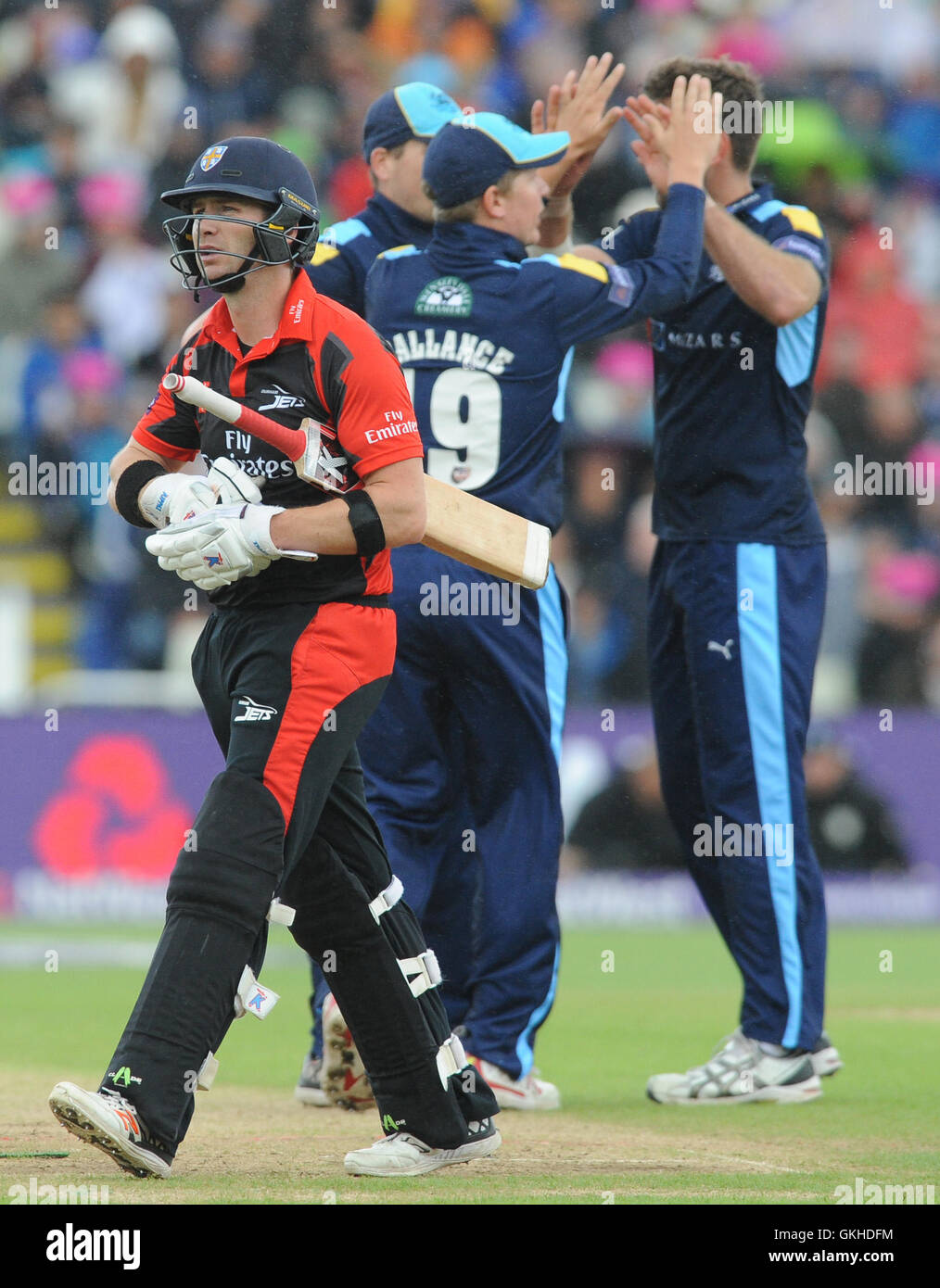 Durham Jets' Mark Stoneman after being bowled by Yorkshire Vikings' Liam Plunkett during the NatWest T20 Blast Finals Day at Edgbaston, Birmingham. Stock Photo