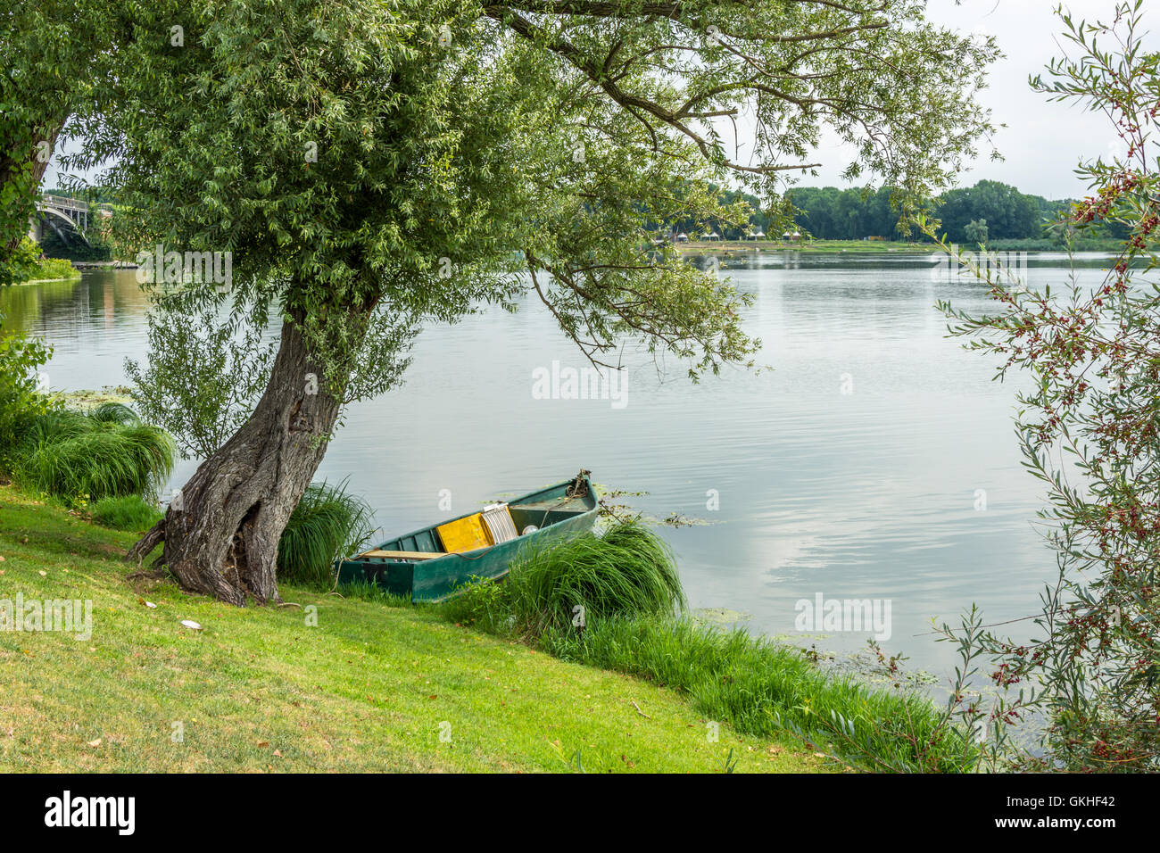 boat on the lake under a tree Stock Photo