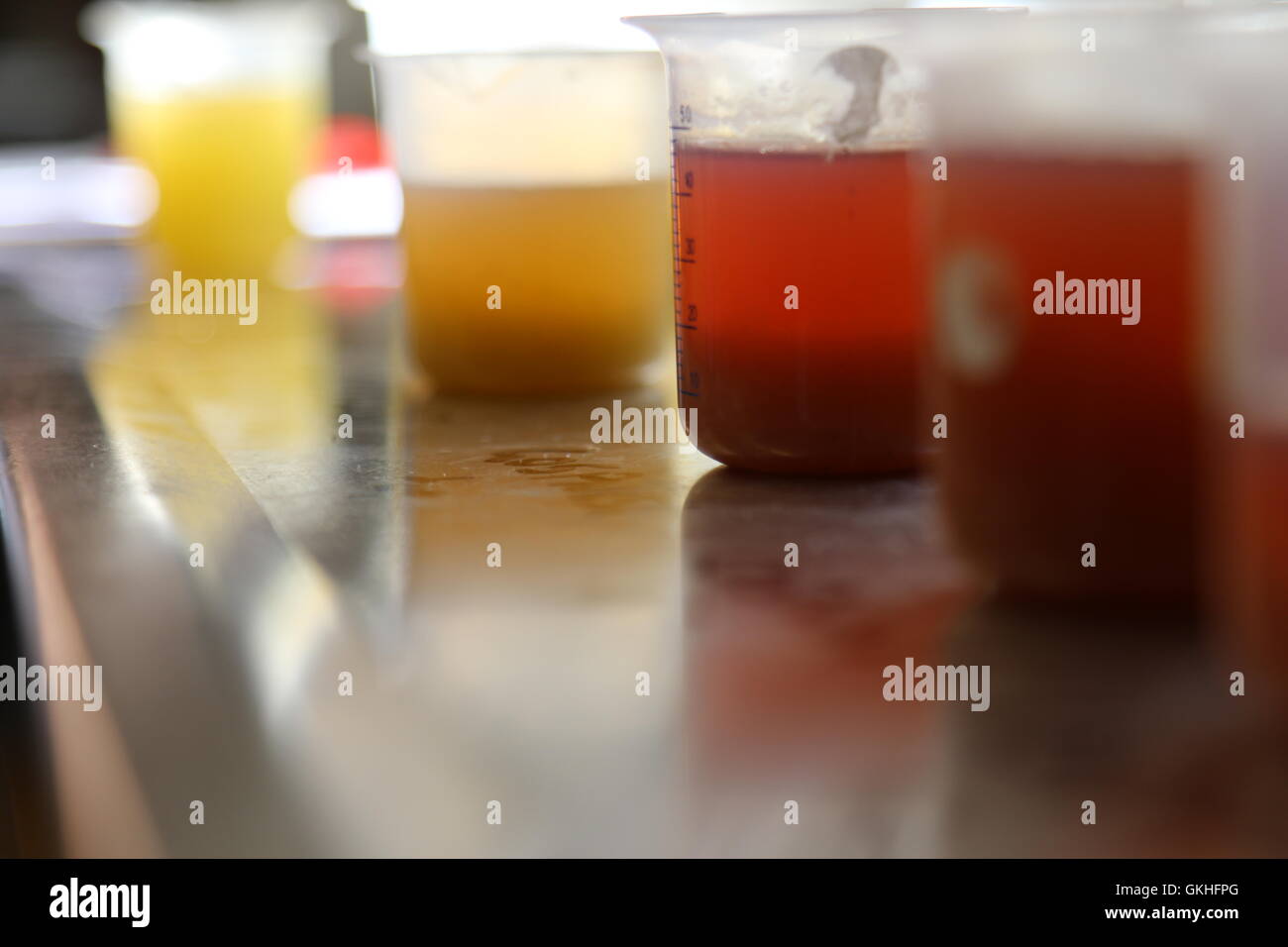 Samples of grape juice in jars at Greystone Wines, Amberley, Waipara, New Zealand Stock Photo