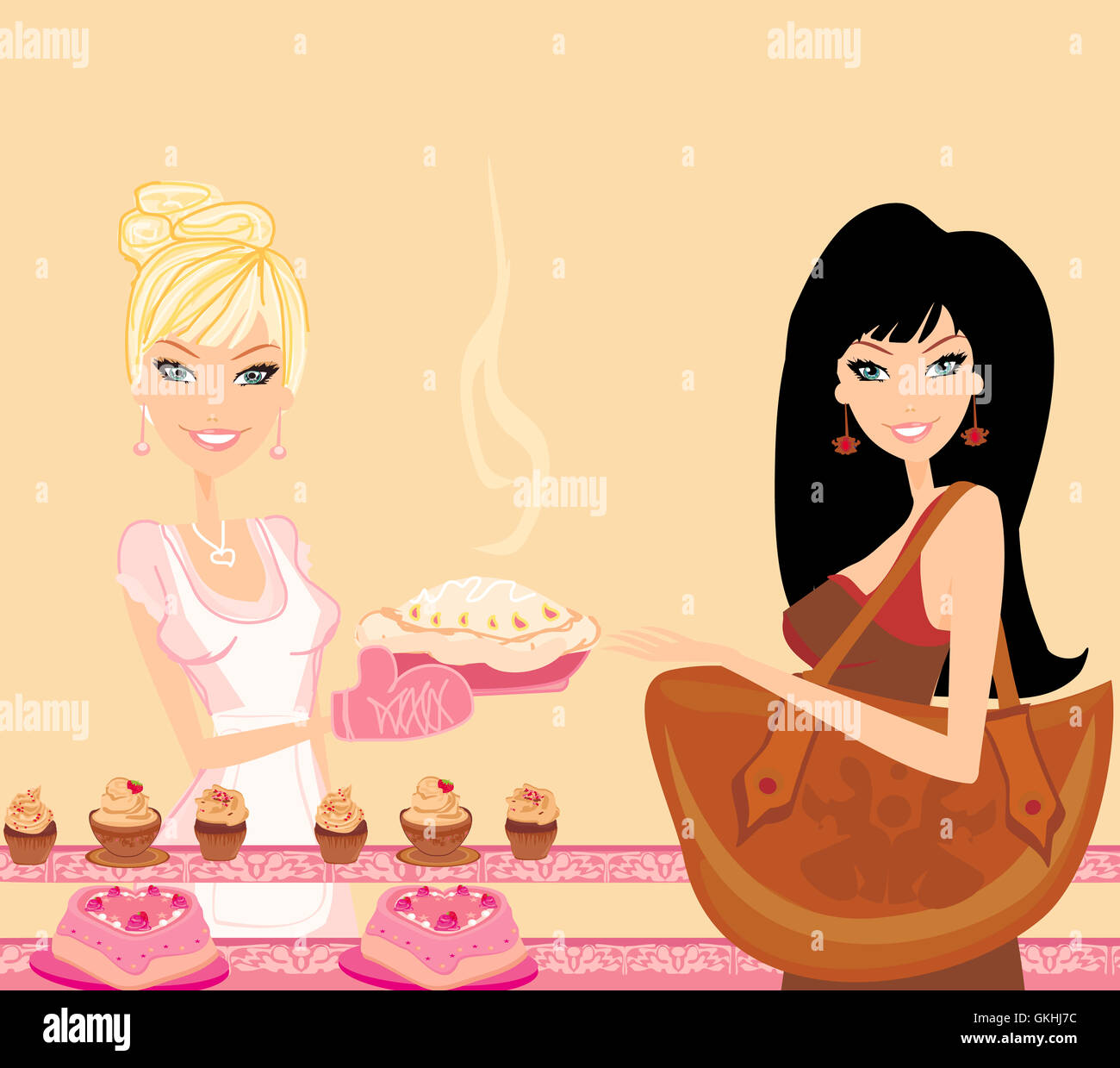 illustration of a woman buying cake at a bakery store Stock Photo