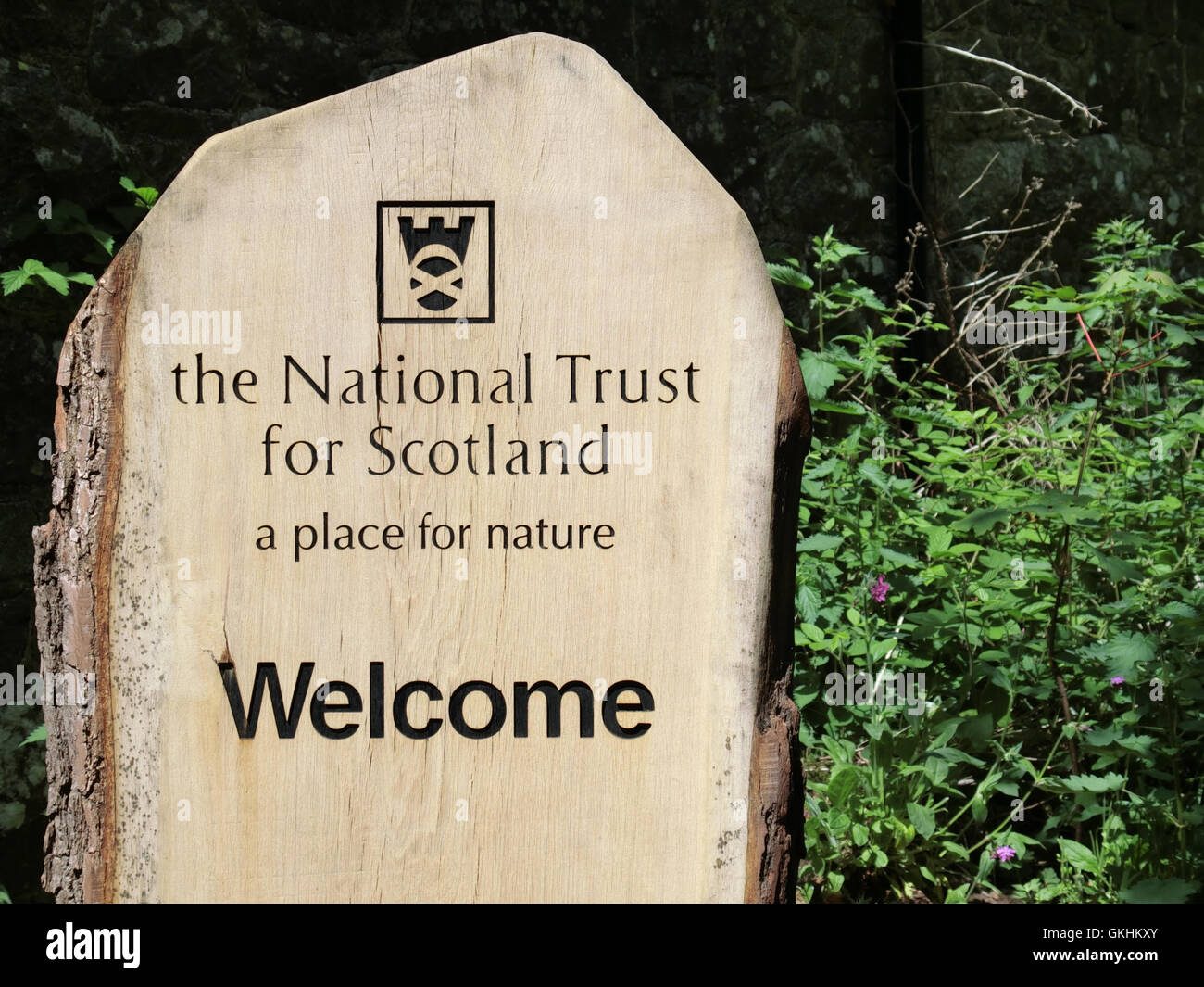 National Trust for Scotland Welcome Sign, Rockcliffe, Dumfries & Galloway, Scotland, UK Stock Photo