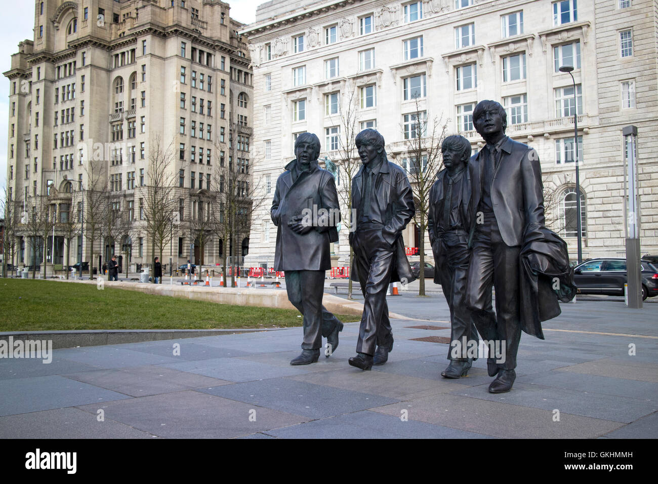 The Beatles statue sculpture at Pier Head on Liverpools waterfront Stock Photo