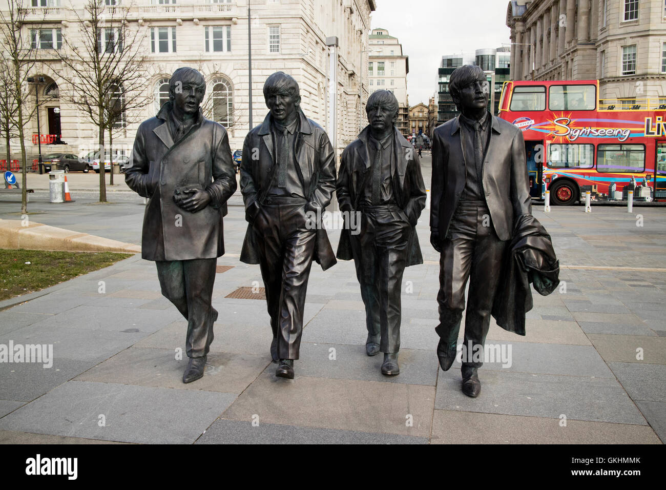 The Beatles statue sculpure at Pier Head on Liverpools waterfront Stock Photo