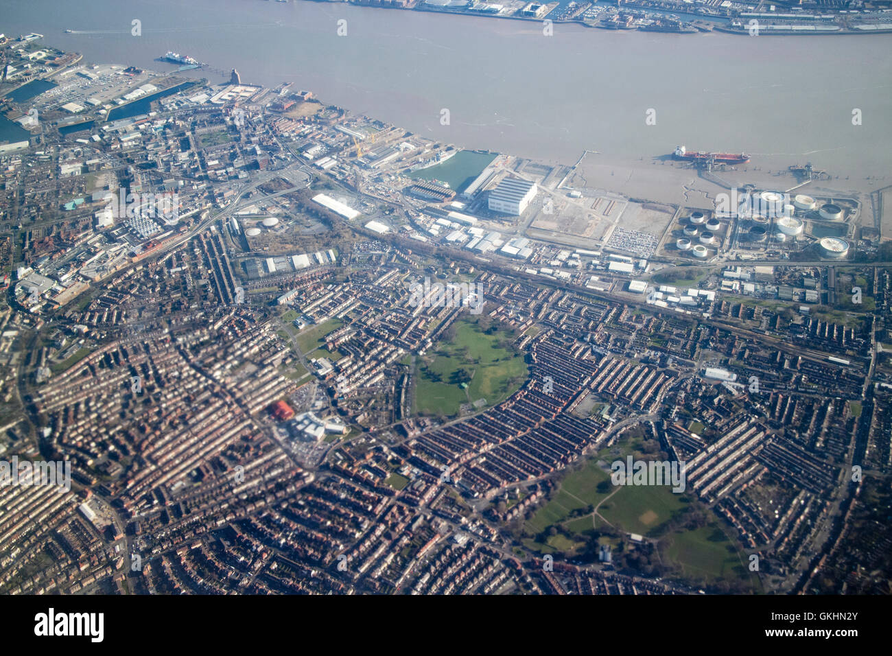 aerial view of birkenhead, docks and street layout Stock Photo