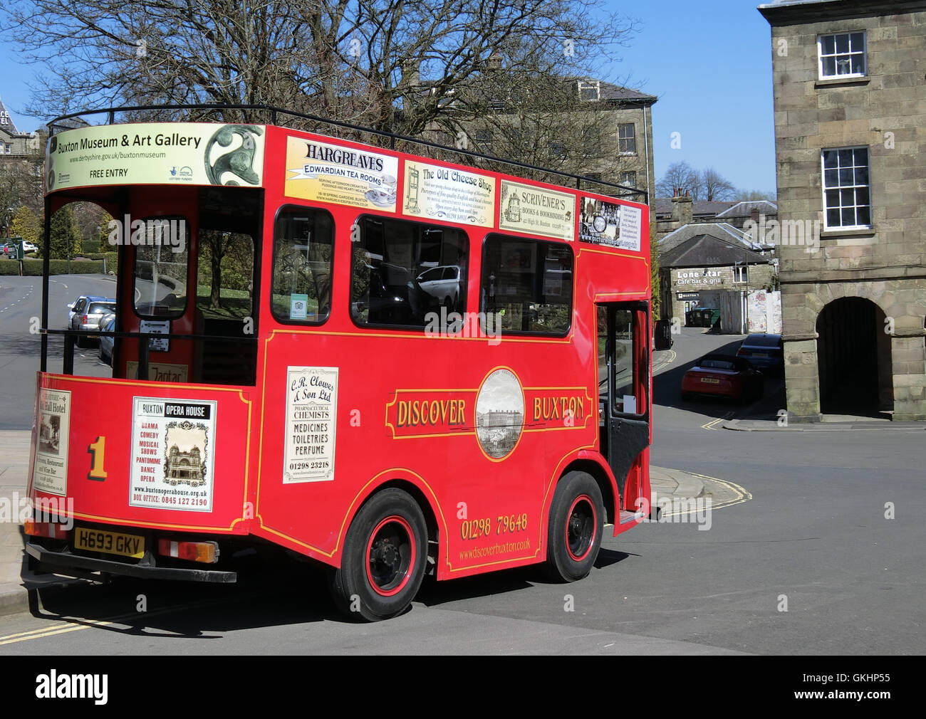 Sightseeing Tour Bus, Buxton Town, Derbyshire, England, UK Stock Photo
