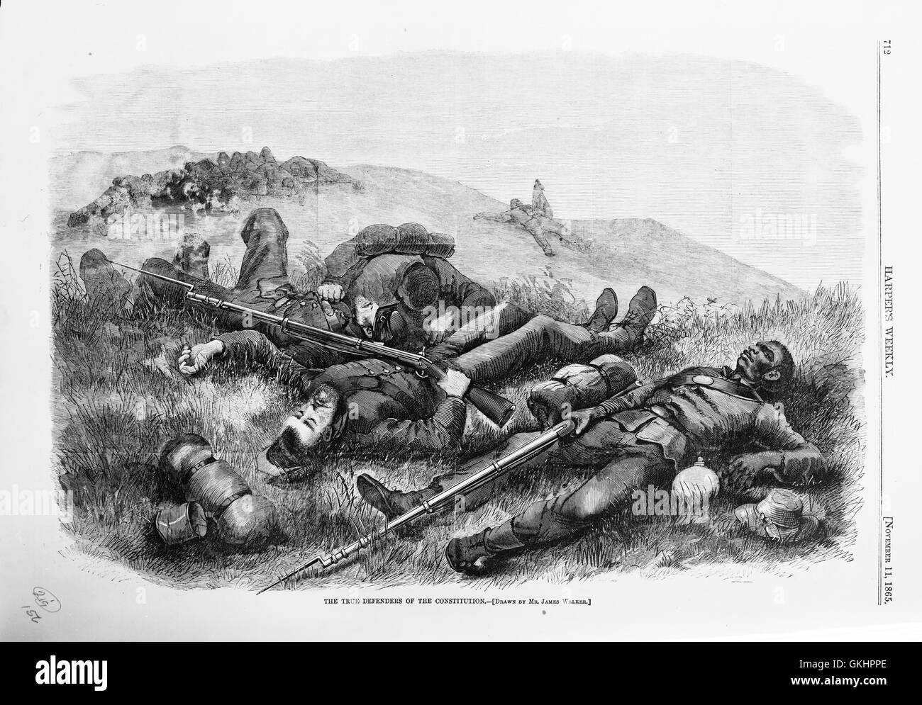 The True Defenders of the Constitution - Harper's Weekly illustration showing dead Union Civil War soldiers, including an African-American. Illustration by James Walker. Stock Photo