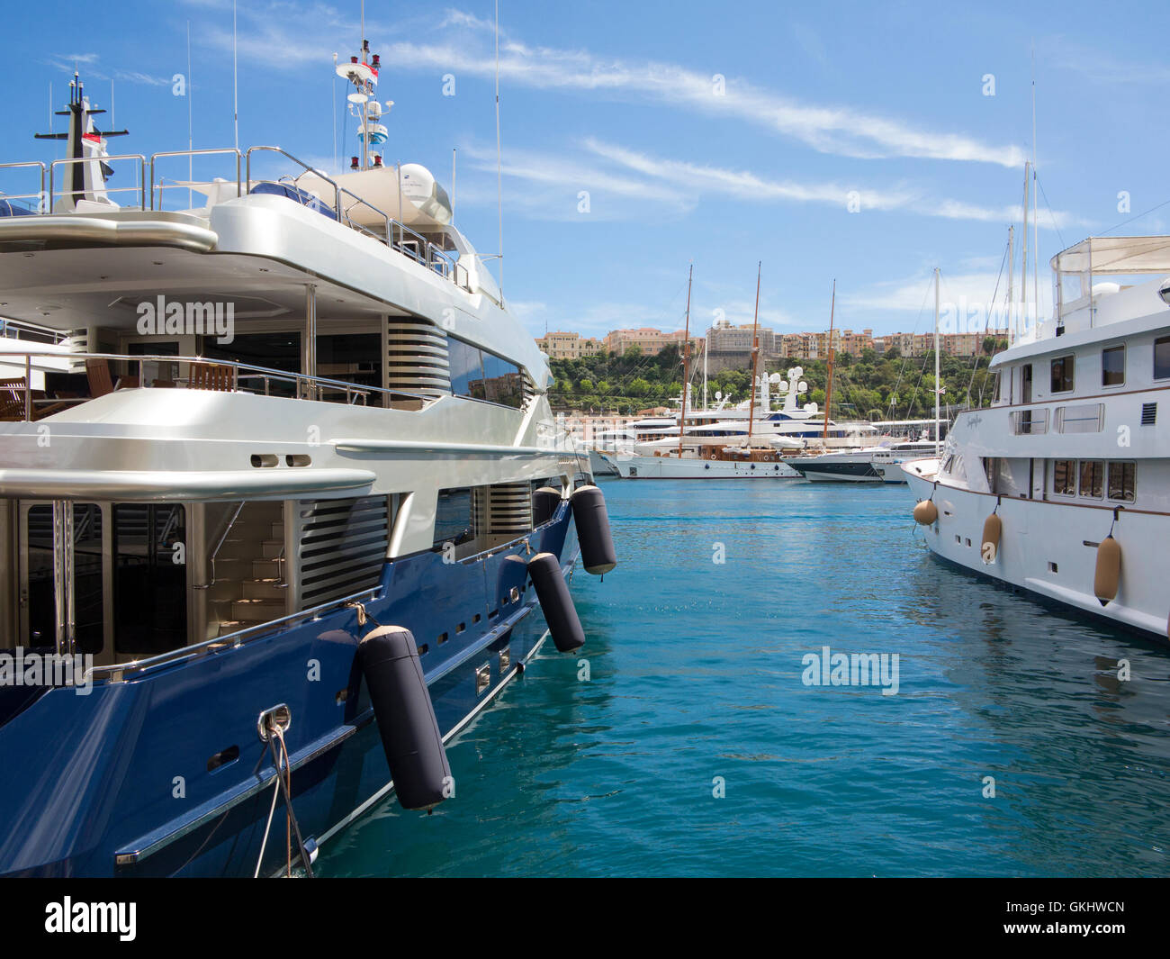 Yachts moored in Port Hercule, Monaco at the Historic Grand Prix in 2016 Stock Photo