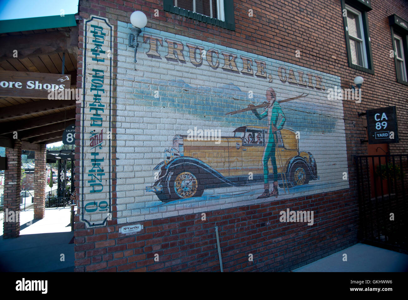 Vintage marketing sign on brick wall in Truckee, California Stock Photo