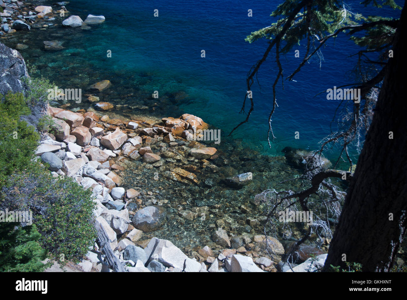 Photo of rocky Lake Tahoe shoreline shot at a high angle at D.L. Bliss State Park, California Stock Photo