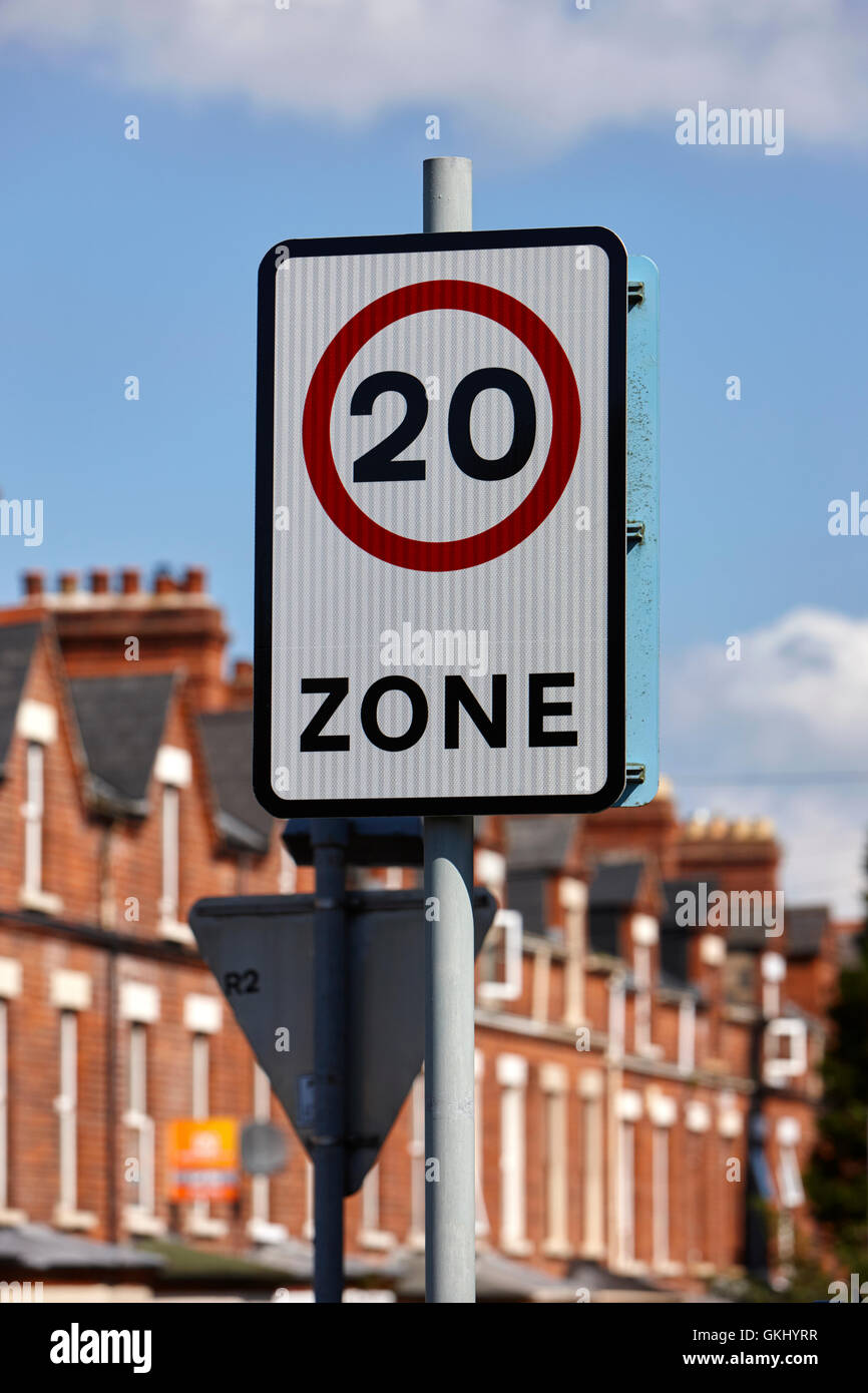 20 mph zone in a residential street with onstreet parking in terraced streets in the uk Stock Photo