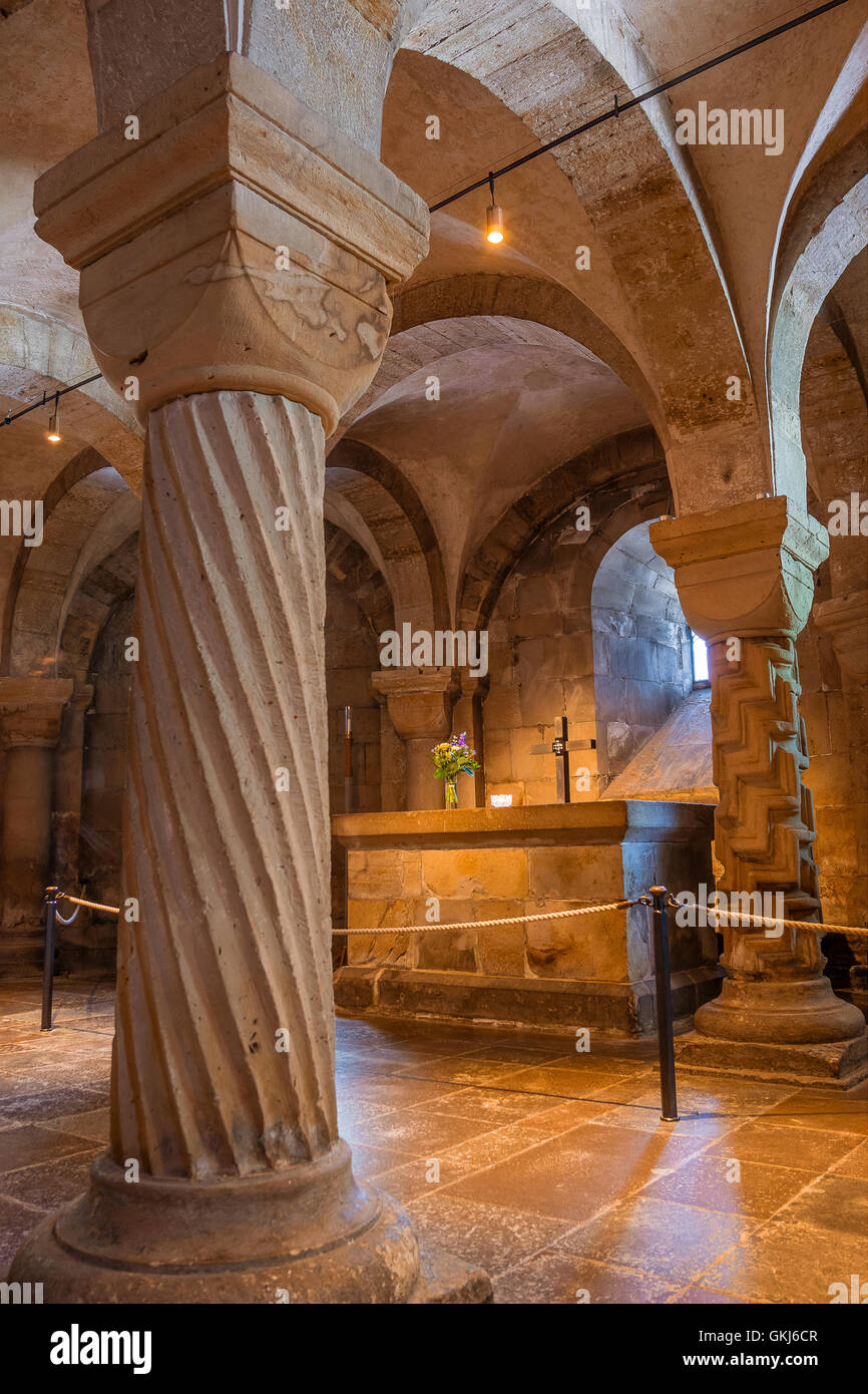 Altar and unique pillars. the crypt in Lund cathedral, Sweden Stock Photo