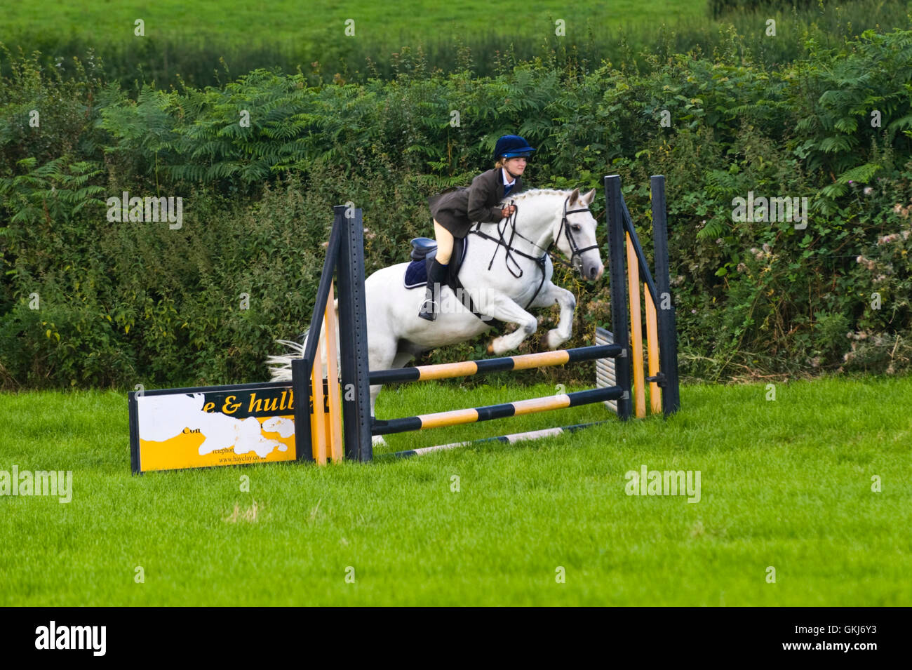 Teenage girl show jumping on her pony at Llanigon YFC Show 2016 nr Hay ...