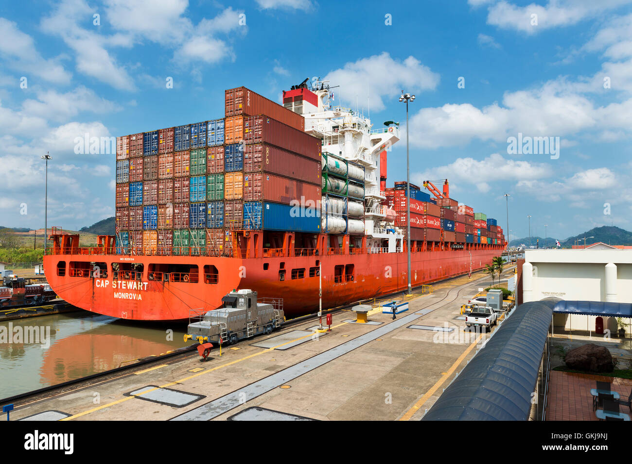 Panama Canal, Panama - March 17, 2014: A cargo ship in the Miraflores Locks in the Panama Canal, in Panama Stock Photo