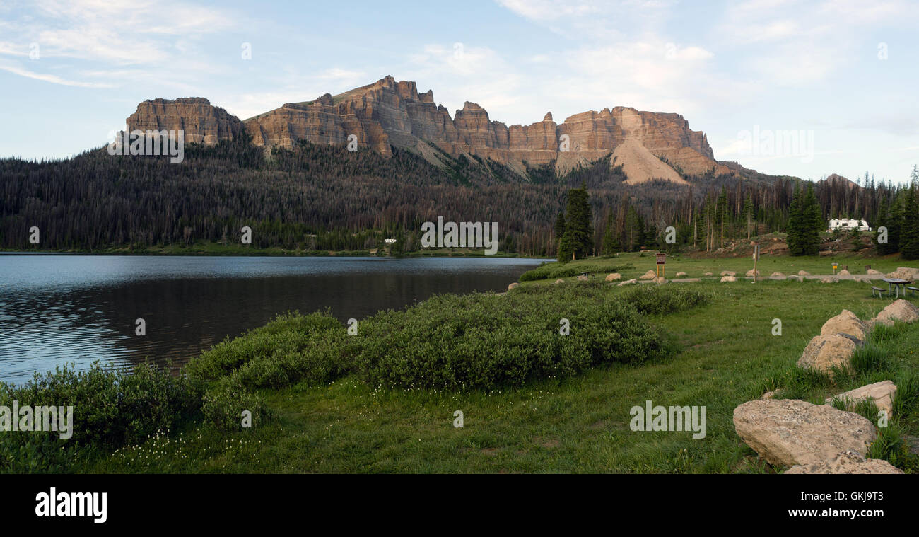 Brooks Lake Campground in the foreground of the Pinnacle Buttes in the