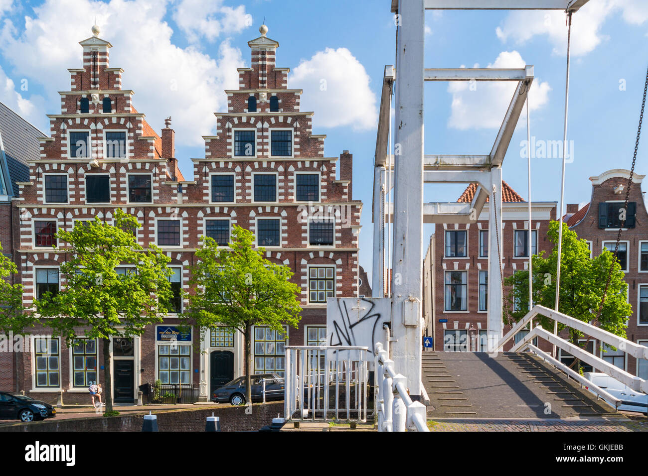 Stepped gables of old brewery Olyphant and Gravestenen drawbridge over Spaarne river in Haarlem, Netherlands Stock Photo