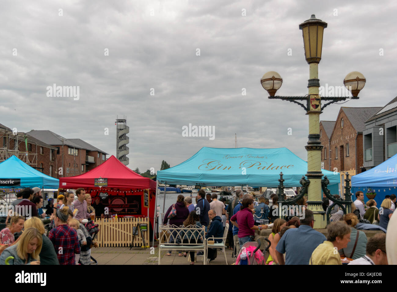 Exeter, Devon, United Kingdom - August 18, 2016: People eating and drinking at Exeter Street Food Night at the Piazza. Stock Photo