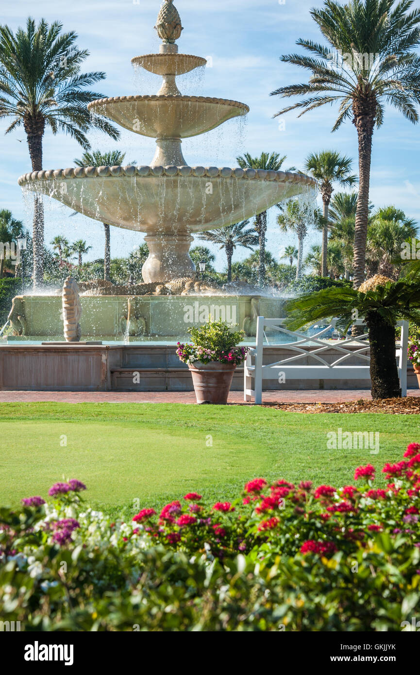 Tiered fountain with lounging alligators and spewing pelicans at Ponte Vedra Inn & Club luxury