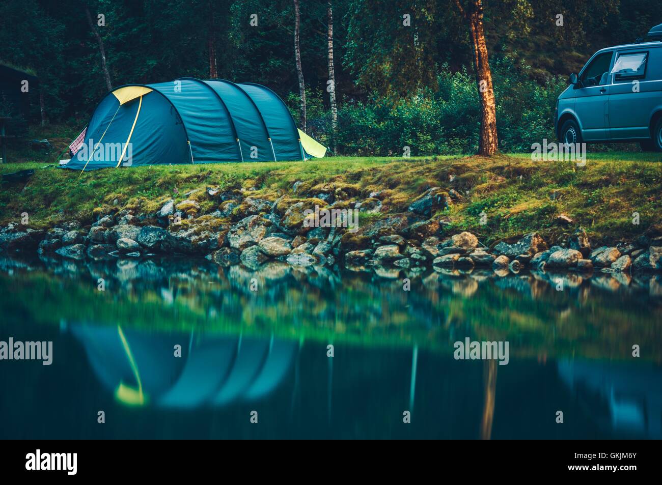 Camping on the Glaciar Lake. Tent Camping on the Campsite. Stock Photo