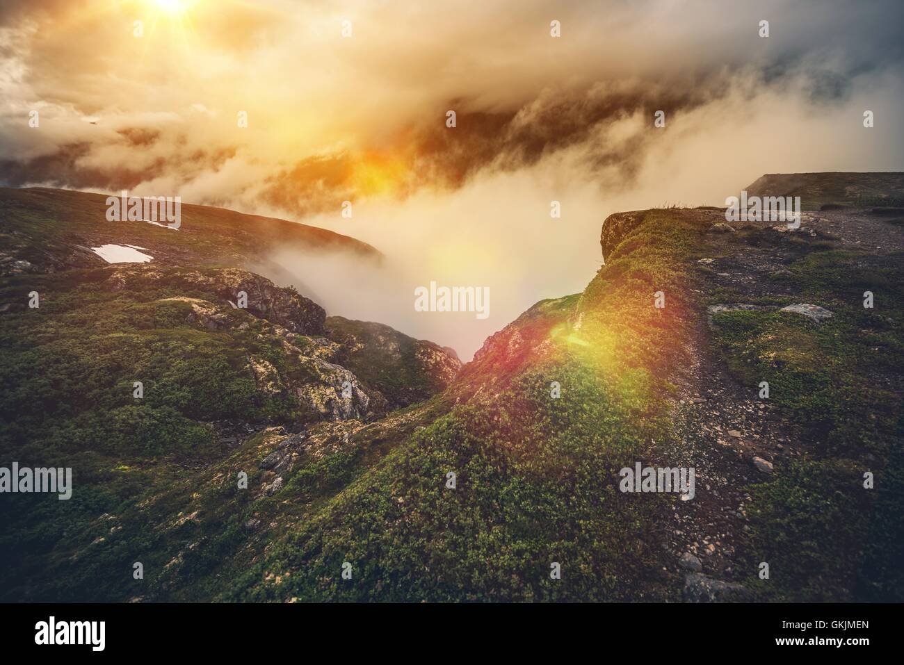 Norway Mountains in Clouds. Foggy Mountain Scenery. Norway, Europe. Stock Photo
