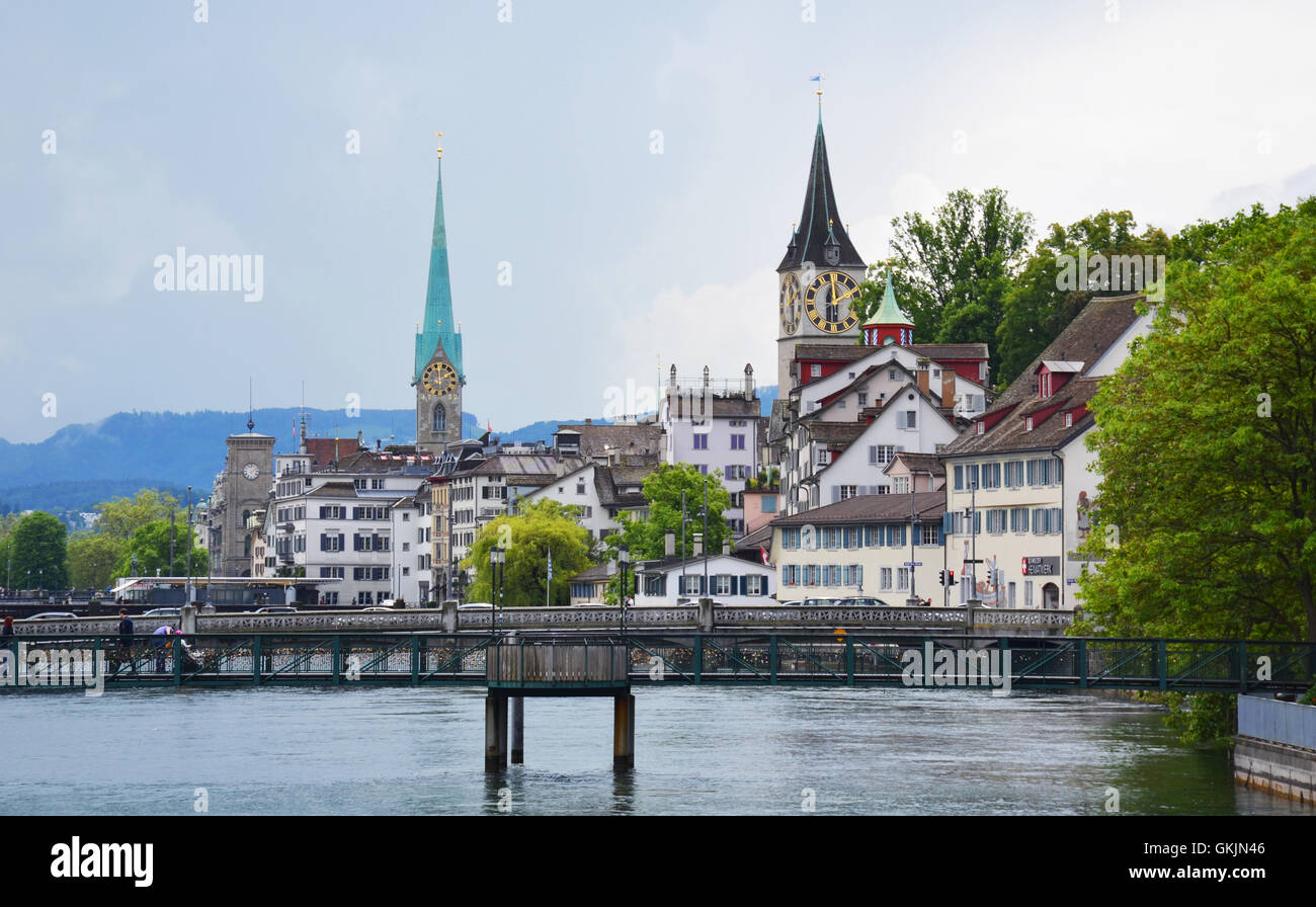 View of Zurich with Limmat river, Switzerland. Stock Photo