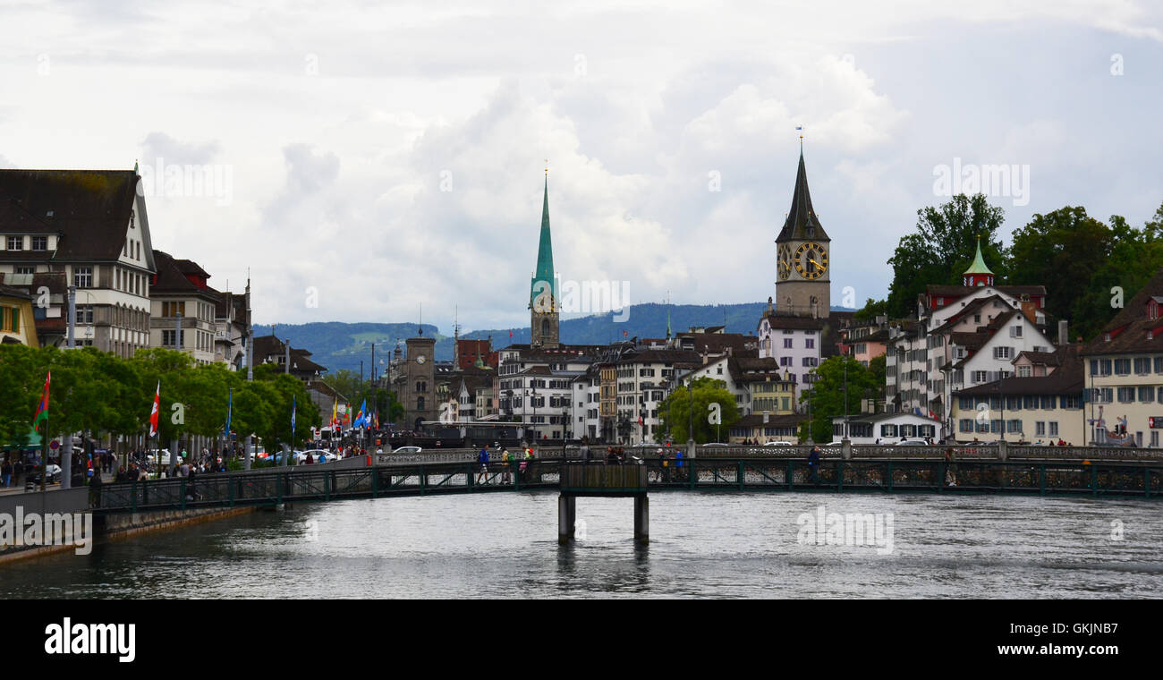 View of Zurich with Limmat river, Switzerland. Stock Photo