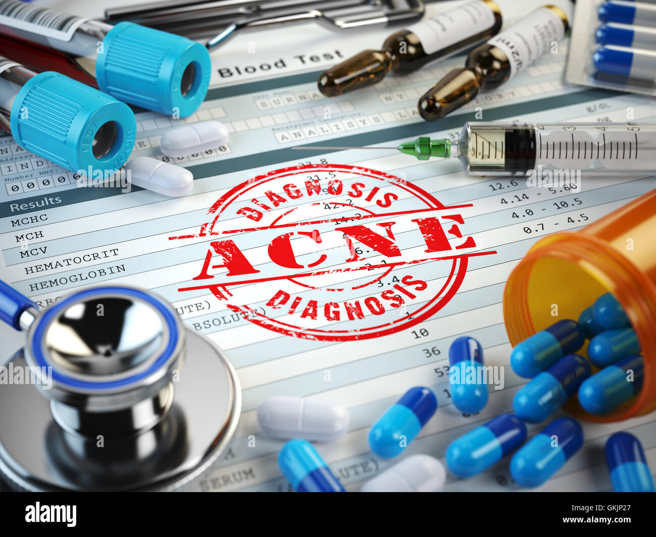 ACNE diagnosis. Stamp, stethoscope, syringe, blood test and pills on