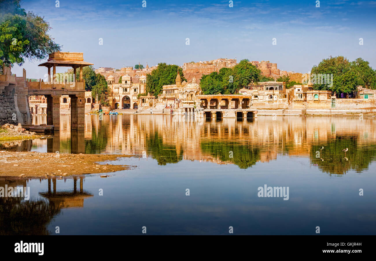 Gadi Sagar (Gadisar) Lake is one of the most important tourist attractions in Jaisalmer, Rajasthan, North India. Stock Photo