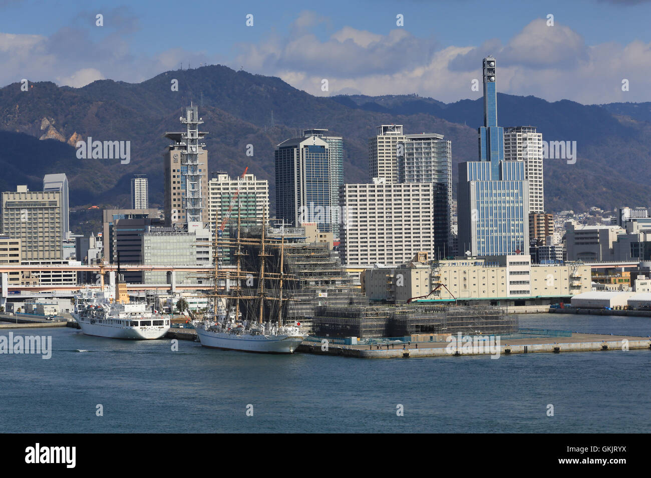 Picturesque mountains and city skyline at the Port of Kobe, Japan. Stock Photo