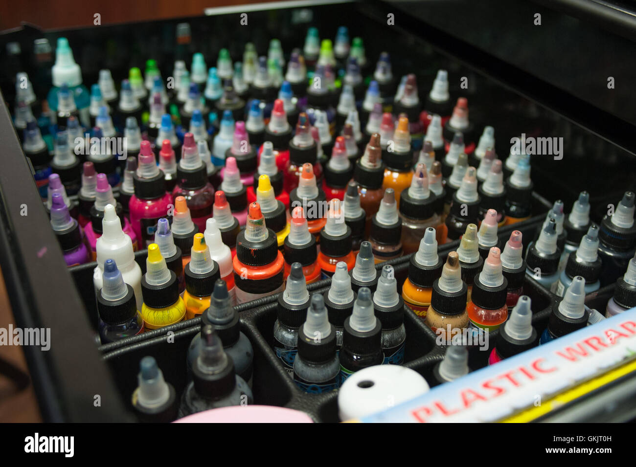 Variety of tattoo ink colors in the storage drawer Stock Photo Alamy