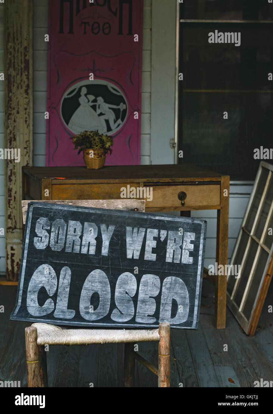 A closed sign in front of an old shop in a ghost town in central Florida. Stock Photo