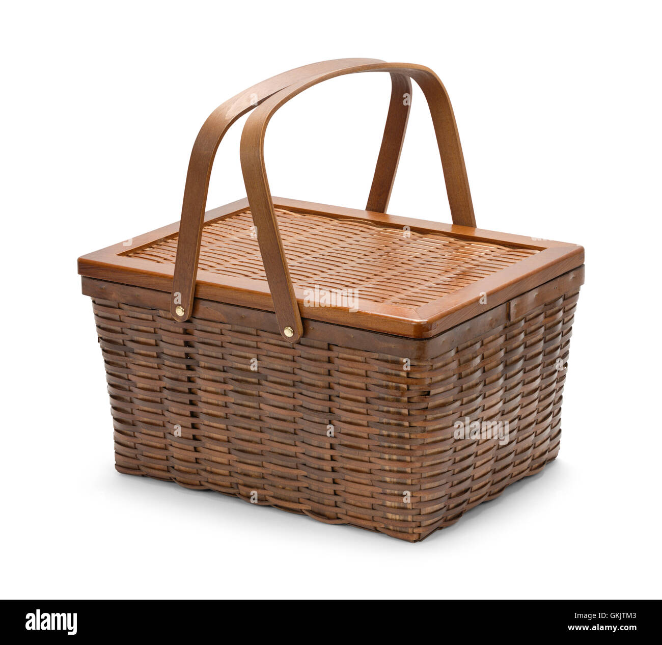 Classic Wicker Picnic Basket Isolated on White Background. Stock Photo
