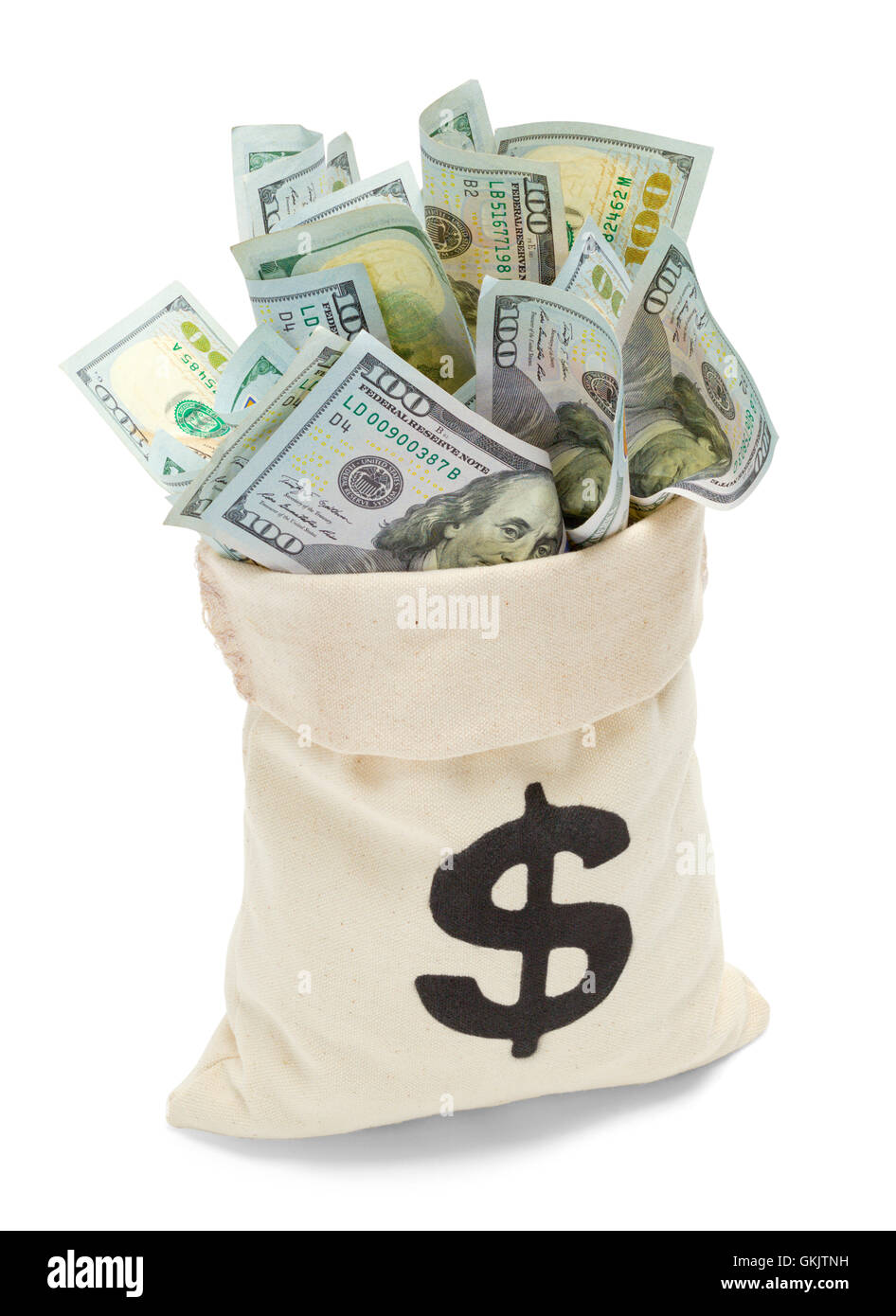 Open Bag of Cash with Hundred Dollar Bills Isolated on White Background. Stock Photo