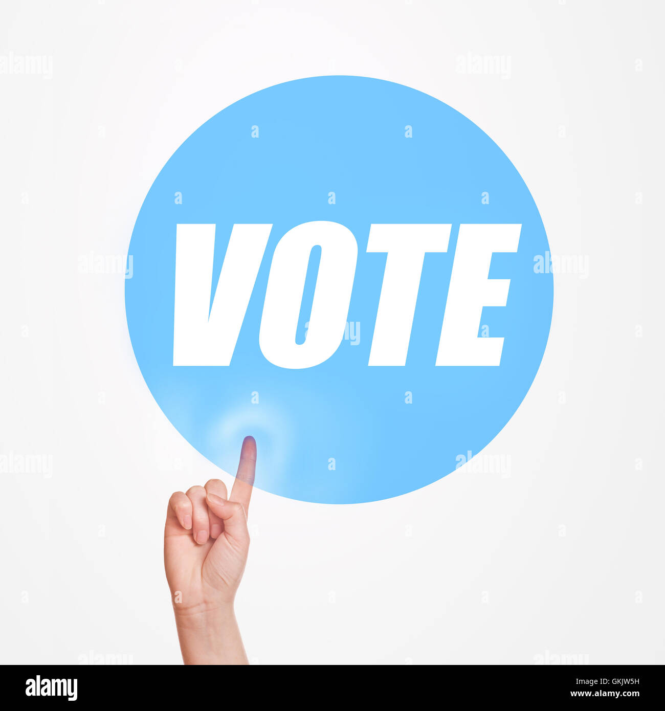 Vote on elections concept, finger pushing button promoting idea of taking participation in political rally Stock Photo