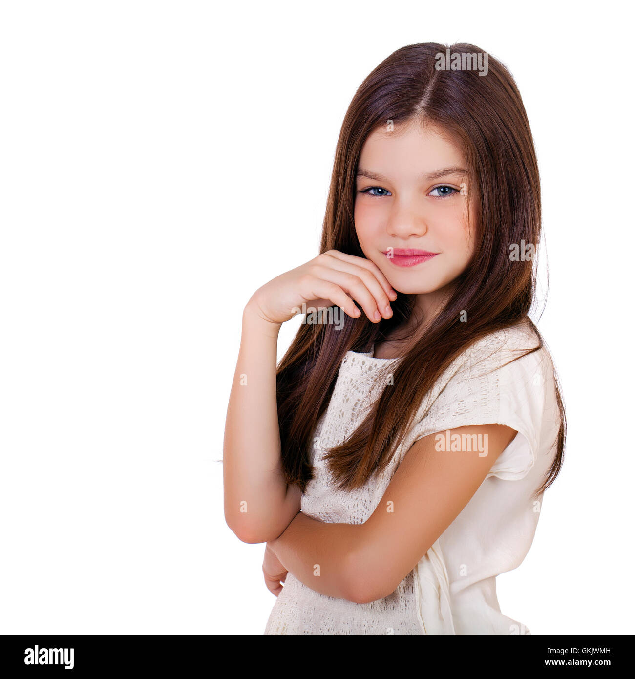 Portrait of a charming little girl, isolated on white background Stock ...