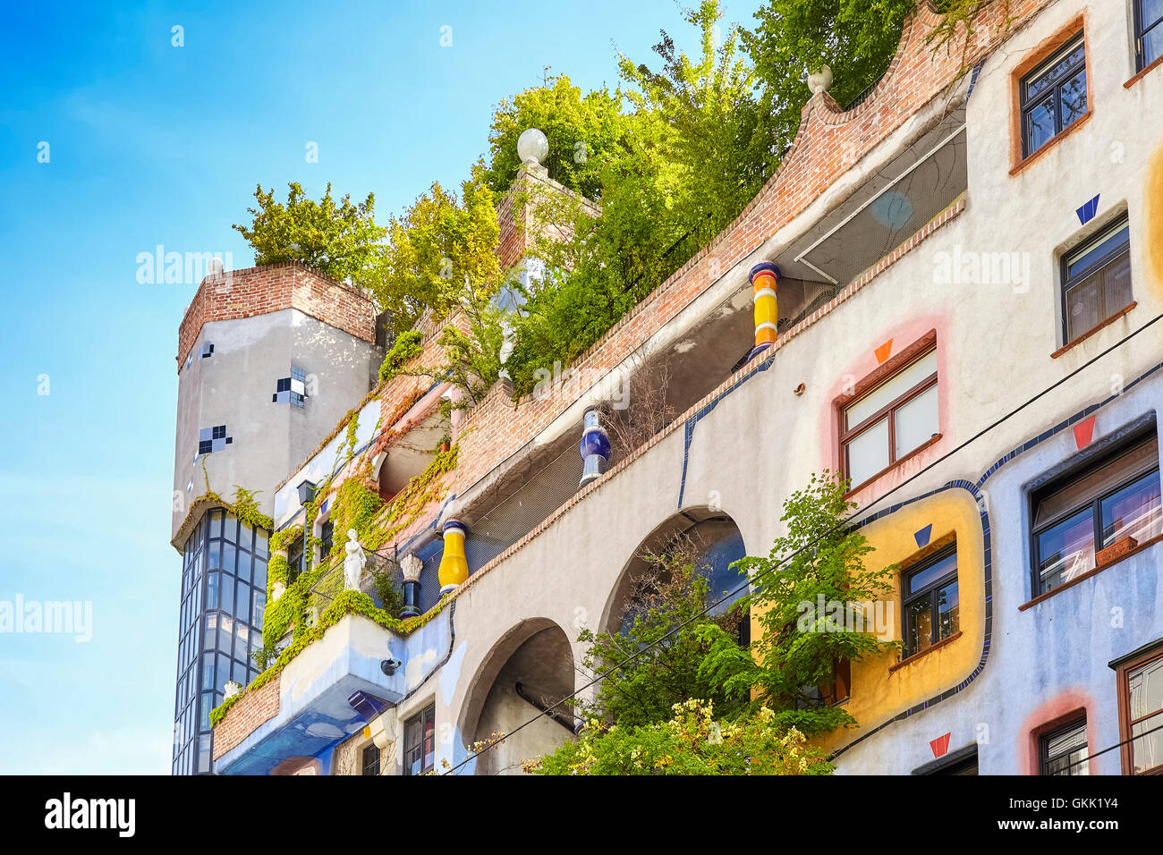 Facade of the Hundertwasserhaus. Stock Photo