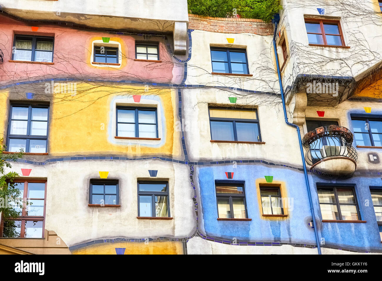 Facade of the Hundertwasserhaus. Stock Photo