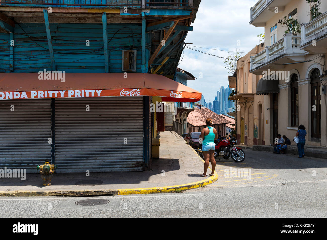 Panama City, Panama - March 16, 2014: People in a street in Casco Viejo, in Panama City, Panama. Casco Viejo is the historic dis Stock Photo