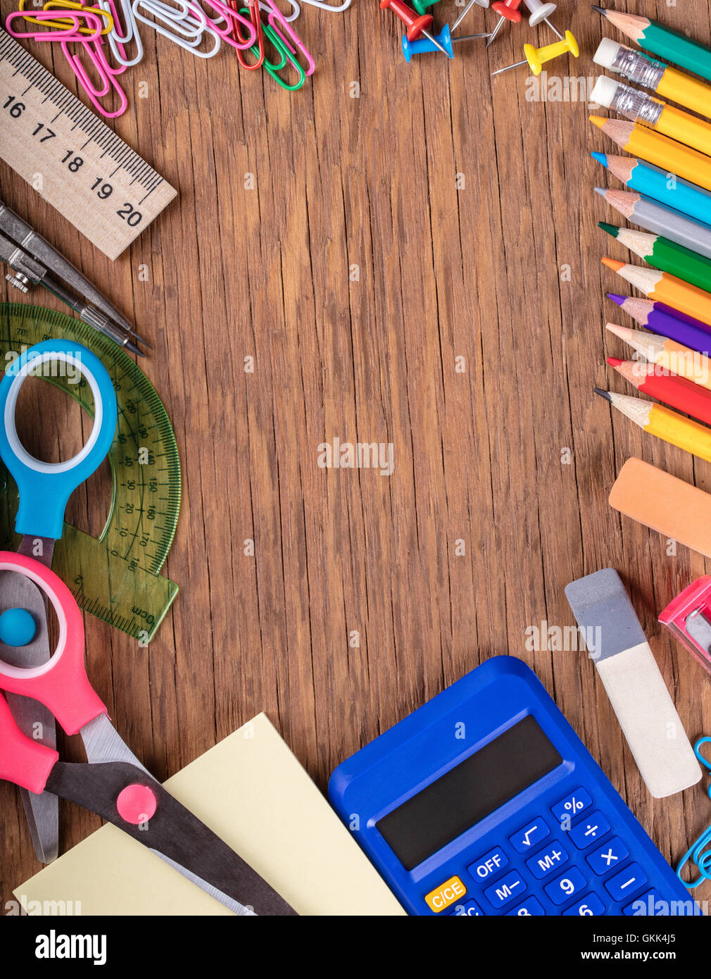 set of stationery items on a wooden background Stock Photo Alamy