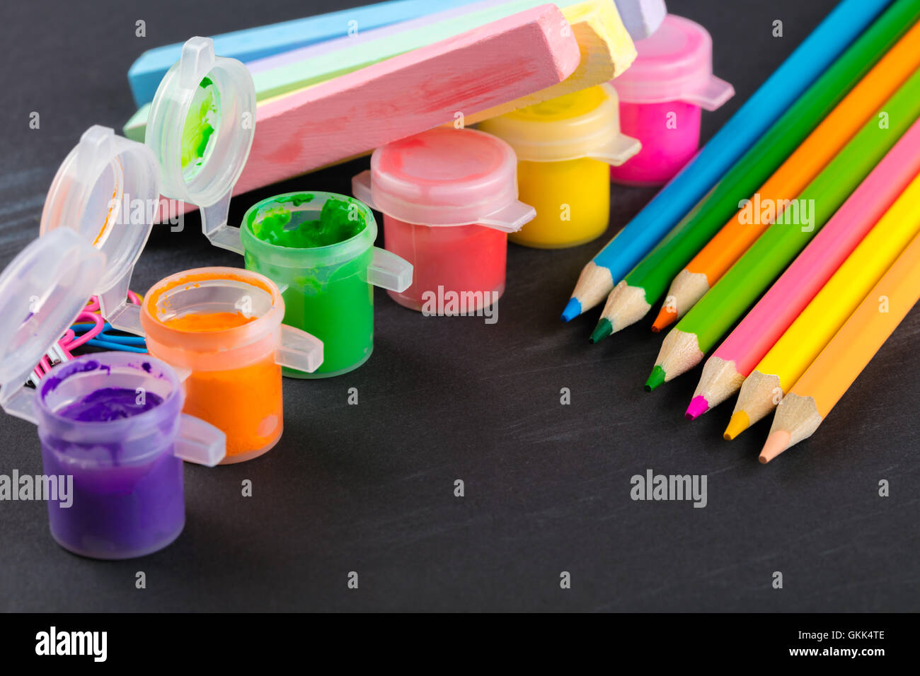 colored pencils and gouache on a black background Stock Photo Alamy