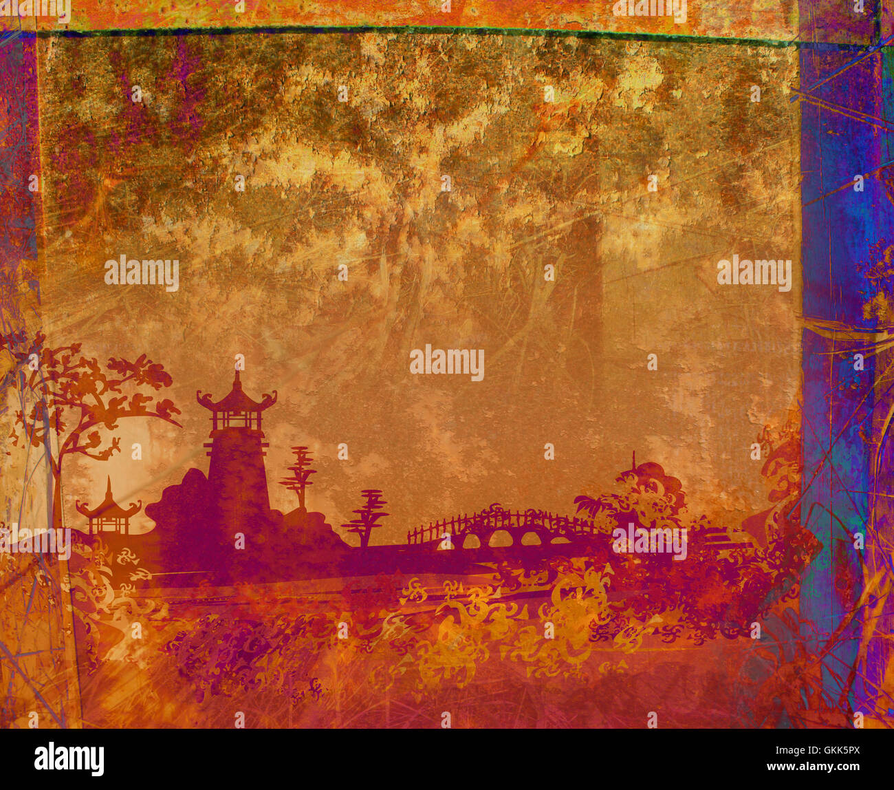 old paper with Asian Landscape , raster Stock Photo - Alamy
