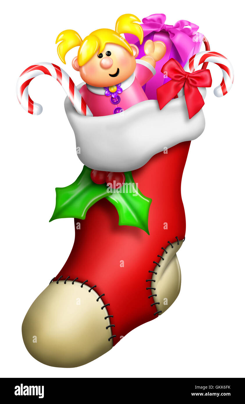Cartoon Christmas Stocking for Girl with Toys Stock Photo