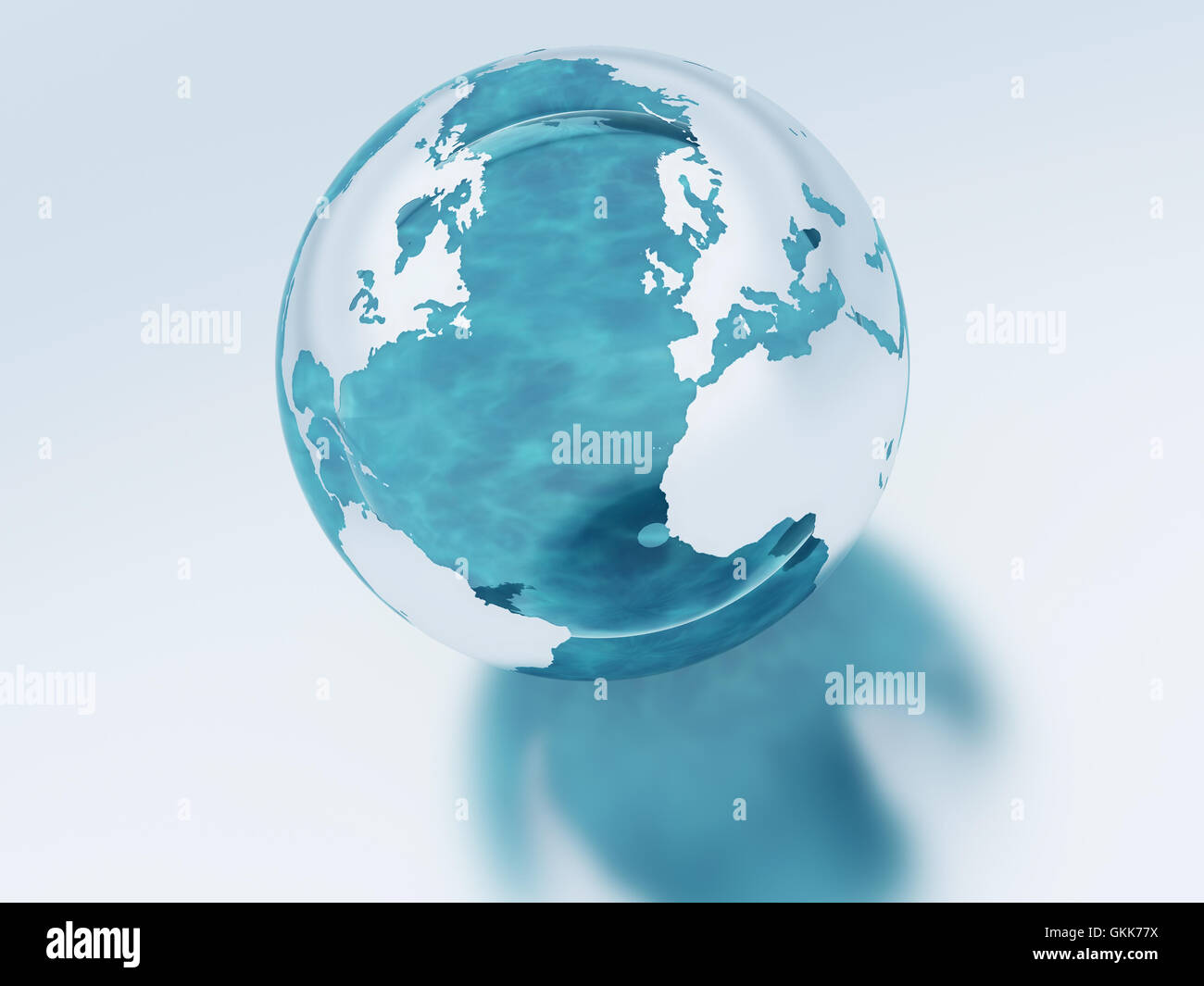 sphere of earth with continents the surrounded oceans on a neutral reflective background in pastel tones Stock Photo
