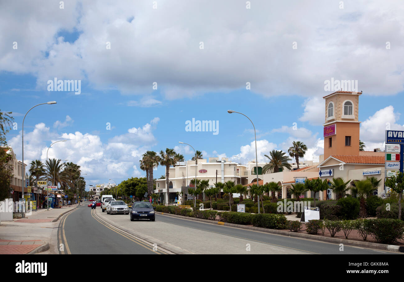 Poseidonos Ave. in Pathos Lined with Restaurants and Shops in Paphos, Cyprus Stock Photo