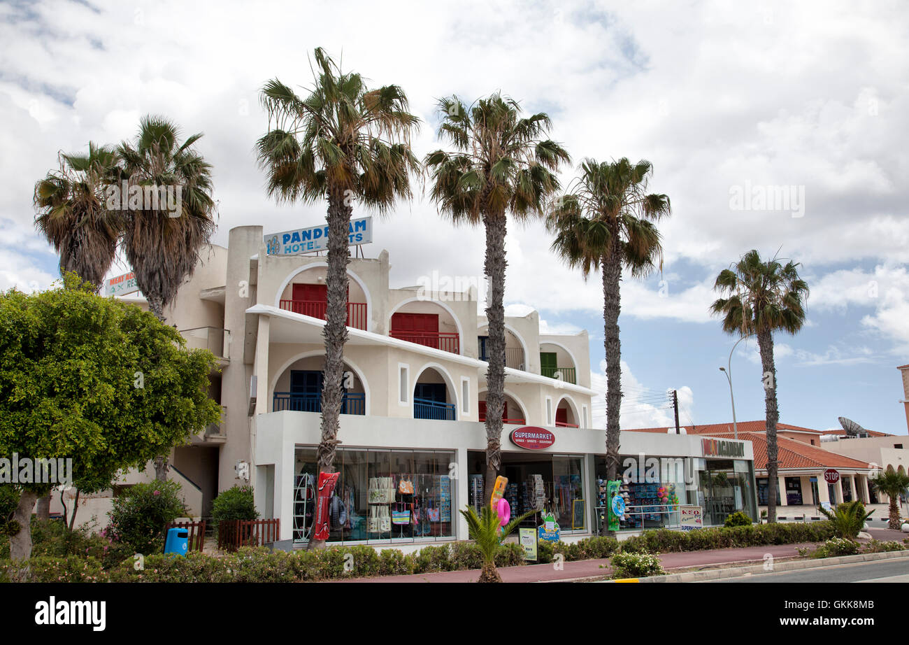 Poseidonos Ave. in Pathos Lined with Restaurants, Hotels and Shops in Paphos, Cyprus Stock Photo