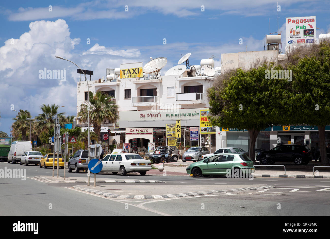 Poseidonos Ave. in Pathos Lined with Restaurants and Shops in Paphos, Cyprus Stock Photo
